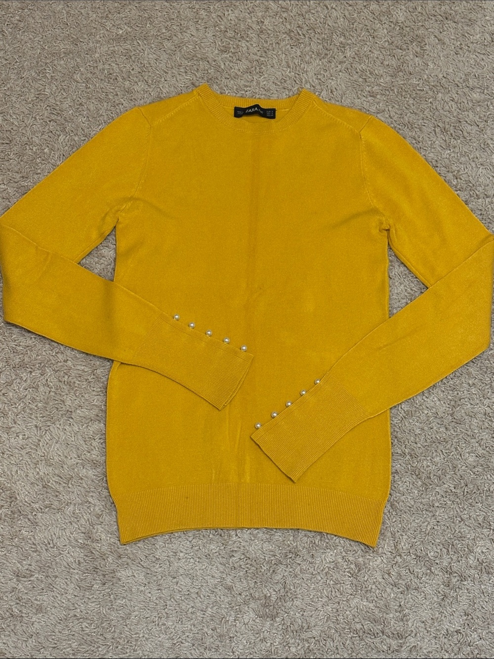 ZARA Yellow Crewneck Sweater with Pearl Accent Buttons